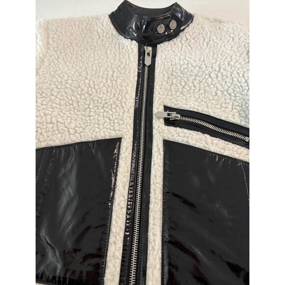Handmade Black & White Shearling Moto Jacket Patent Leather Contrast, Cropped - Picture 9 of 16